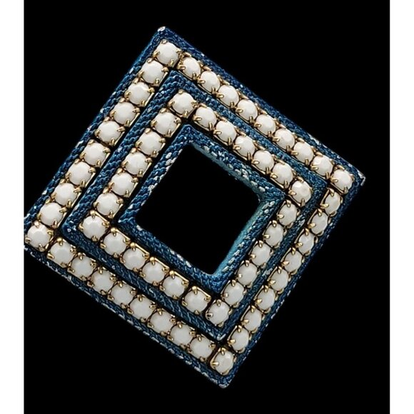 Square Rhinestone Brooch Pin With Gold Detailing & Blue Enamel Finish Vintage - Picture 8 of 11